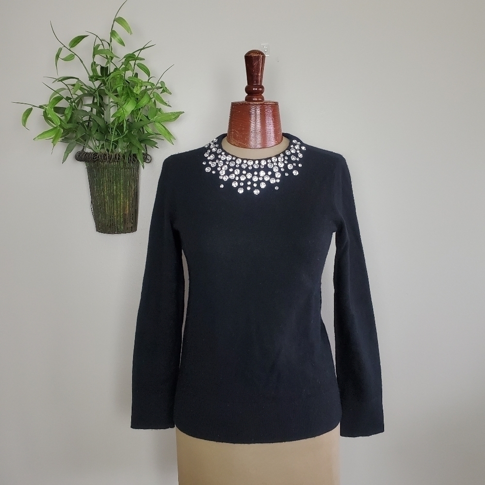 Kate Spade Do Wonders Black Rhinestone Crystals Crew Neck Wool Blend Sweater XS
